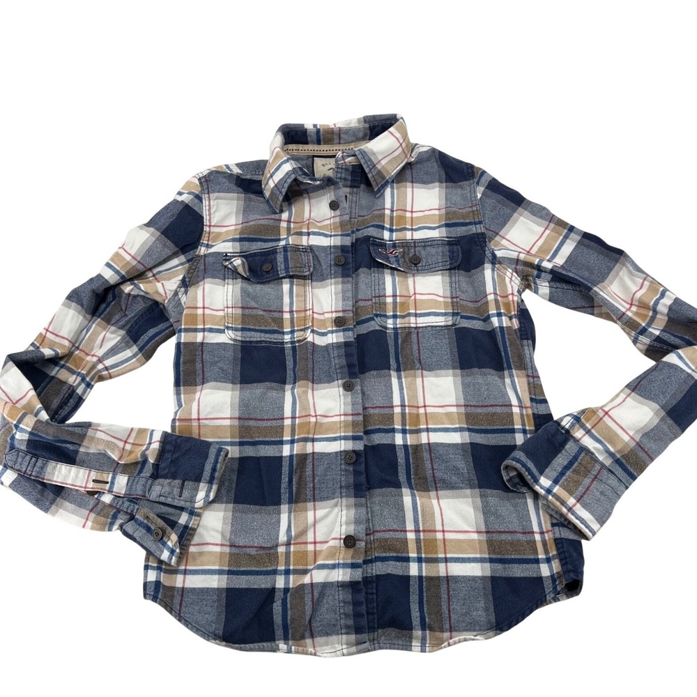 Hollister California Plaid Flannel Shirt Long Sleeve Mens Size M Blue Tan White